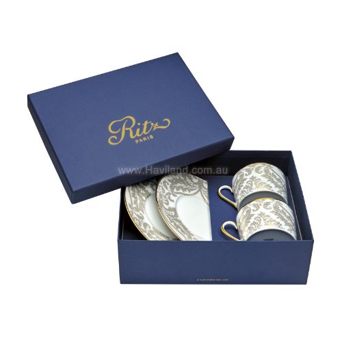 Picture of DAMASSE SET OF 2 TEACUPS AND SAUCERS (BLANC)